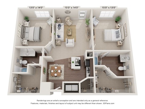 Floor plan for 2 beds, 2 baths, 1213 sqft